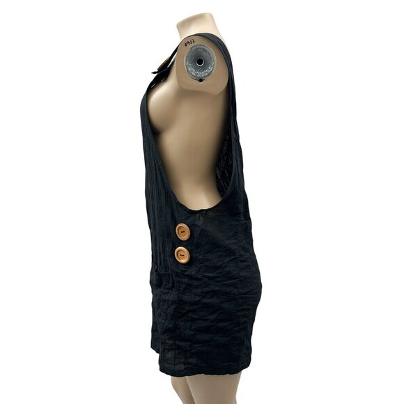 V-Neck Front Pockets Sleeveless Romper Wooden Buttons Crinkled Texture Black M - Picture 4 of 10